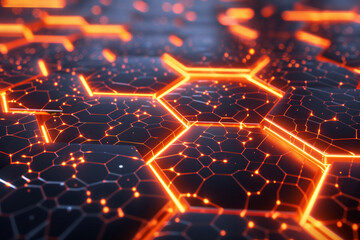 Fototapeta premium 3D rendered futuristic digital background, a complex network of illuminated hexagons and dynamic circuitry 