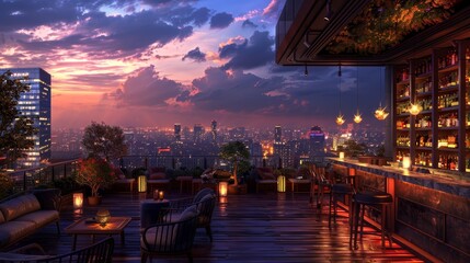 Design an inviting rooftop bar at a business hotel with a wide-angle view showcasing a panoramic city skyline Include chic outdoor furniture