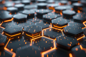 3D rendered futuristic digital background, a complex network of illuminated hexagons and dynamic circuitry 