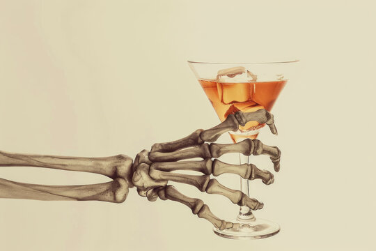 Halloween party background. Spooky skeleton hand holding a cocktail drink
