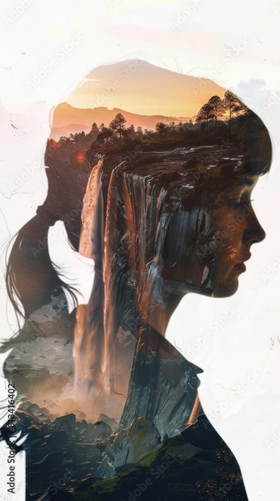 Poster a womans profile is shown against the backdrop of a waterfall. the womans features are clear and def