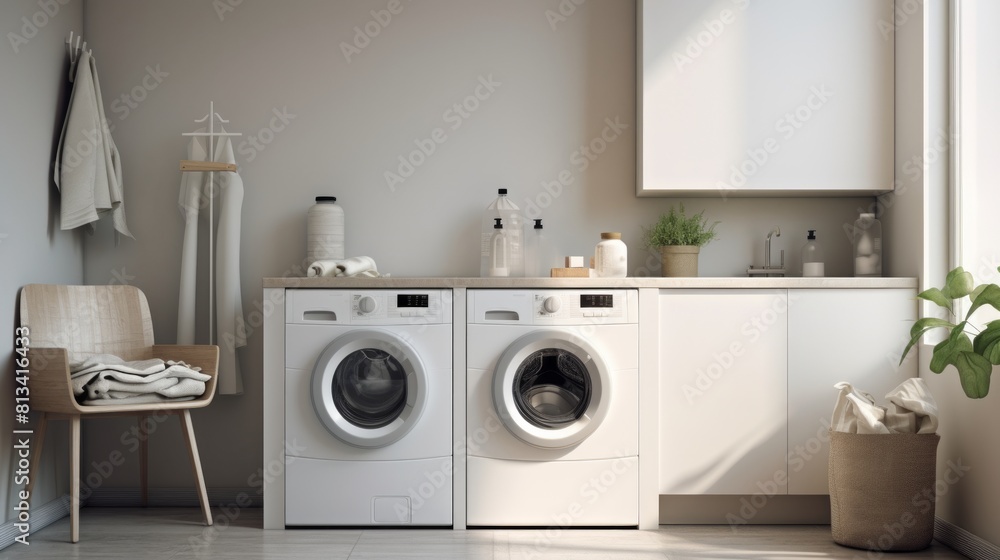 Poster generative ai a simple yet elegant laundry area with a top-load washing machine in a white alcove.