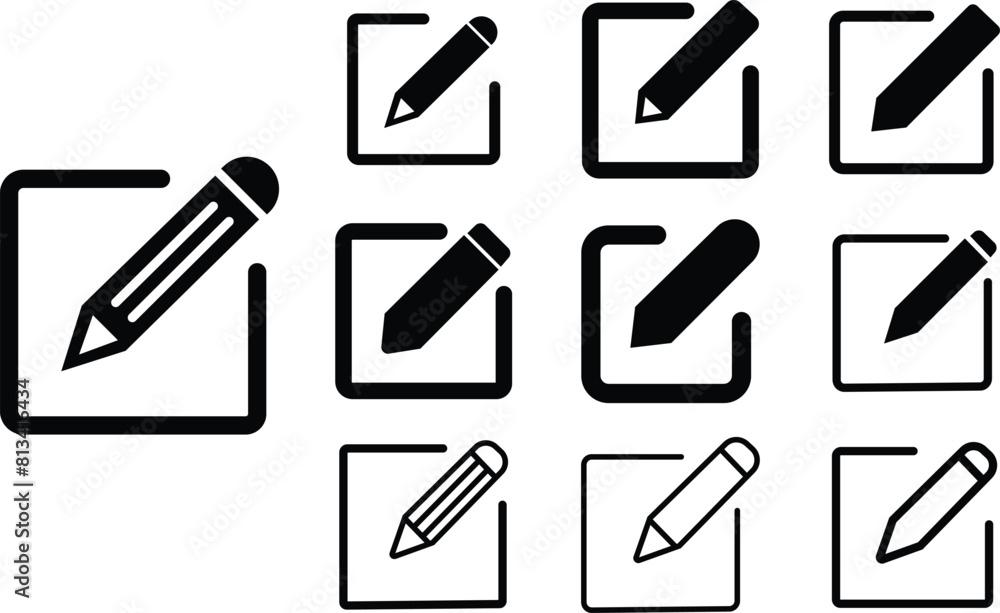 Poster notepad edit documents with pencil icons set. pencil icons collection. sign up vectors icons . editi