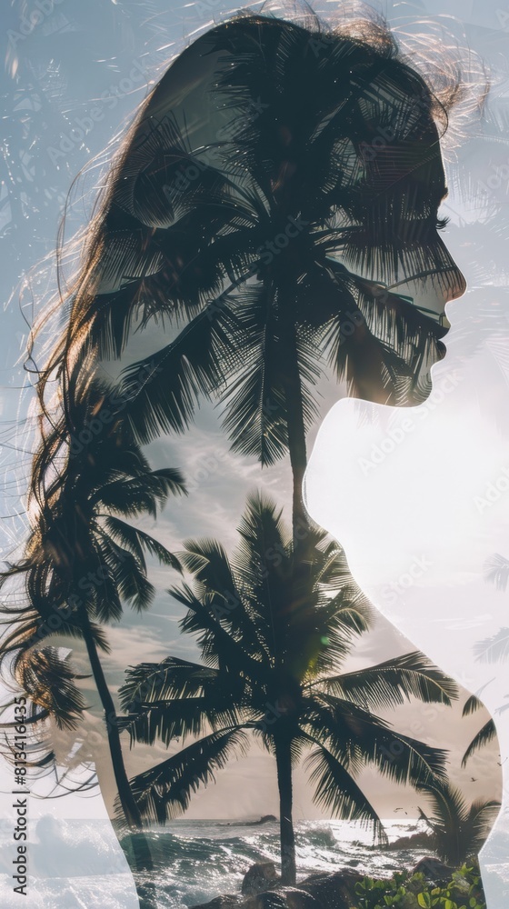 Poster A double exposure featuring a womans face superimposed with the vibrant green leaves of palm trees, creating a unique and artistic visual effect. The womans features merge seamlessly with the tropical