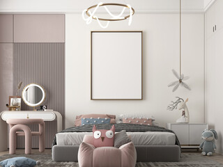modern and cute kids bedroom with mockup poster. 3d illustration	