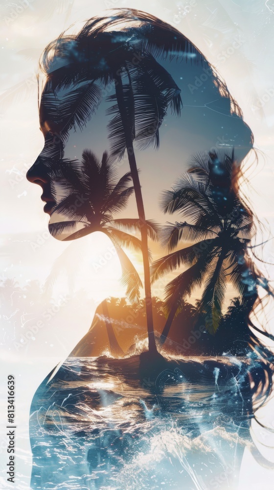 Poster a womans face is centered in the foreground, with tall palm trees visible in the background. the wom