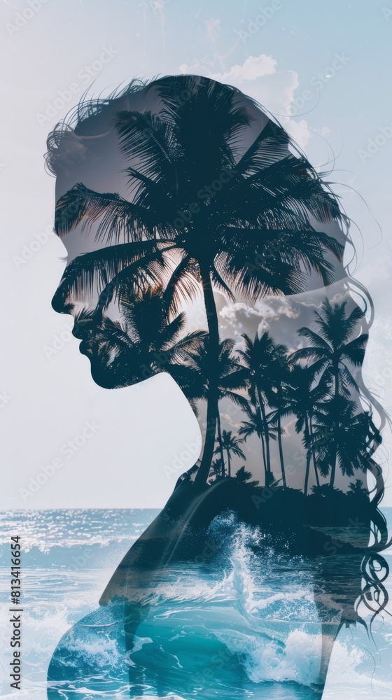 Poster A double exposure featuring a womans face superimposed with palm trees in the background, creating a unique and artistic composition. The womans features blend seamlessly with the vibrant greenery, of