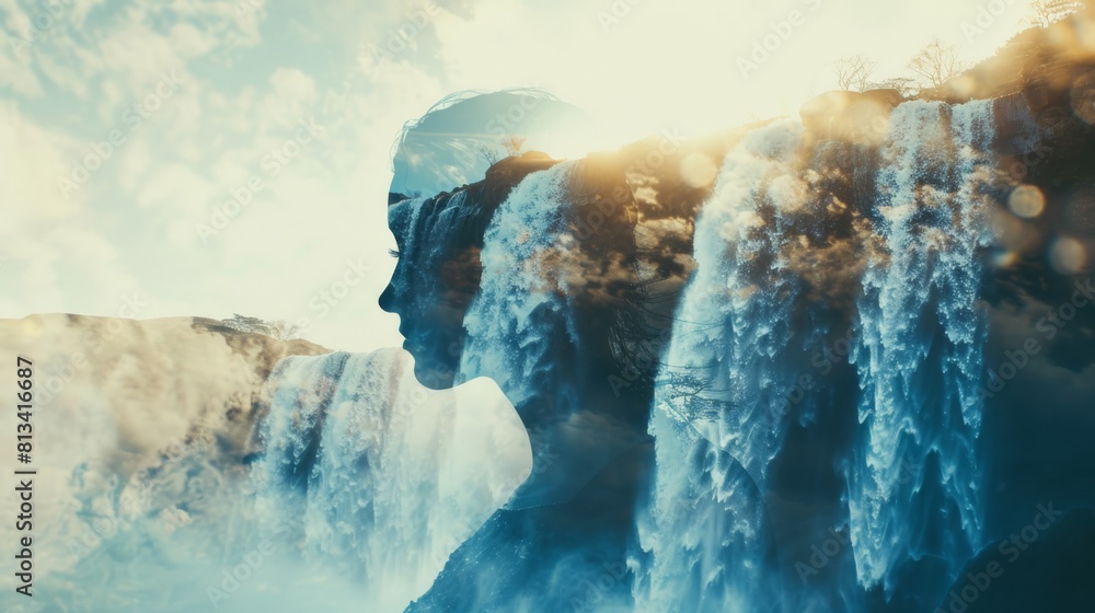 Poster A man stands at the base of a powerful waterfall, its cascading waters creating a misty and dynamic scene. The man gazes at the waterfall, seemingly in awe of its force and beauty.