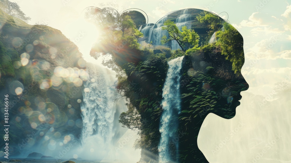 Poster a digital painting featuring a womans face in the foreground and a majestic waterfall in the backgro