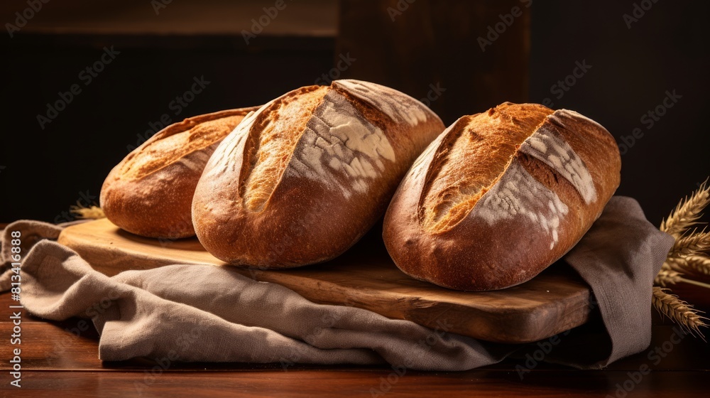 Poster generative ai handcrafted whole wheat bread loaves, highlighting the texture of the crust and nutty 