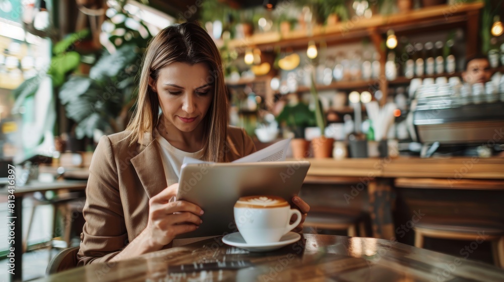 Aufkleber a businesswoman is seated at a table, focused on the tablet in front of her. she appears to be engro