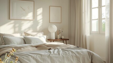 Minimal guest room with a comfortable bed, lightcolored linens, and a small bedside table with a lamp