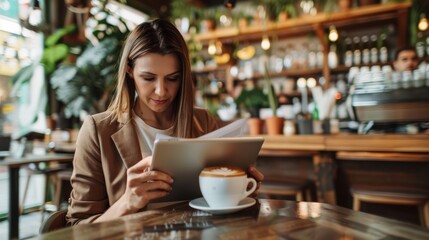 A businesswoman is seated at a table, focused on the tablet in front of her. She appears to be engrossed in the content displayed on the device, possibly working or researching. The table is neatly ar