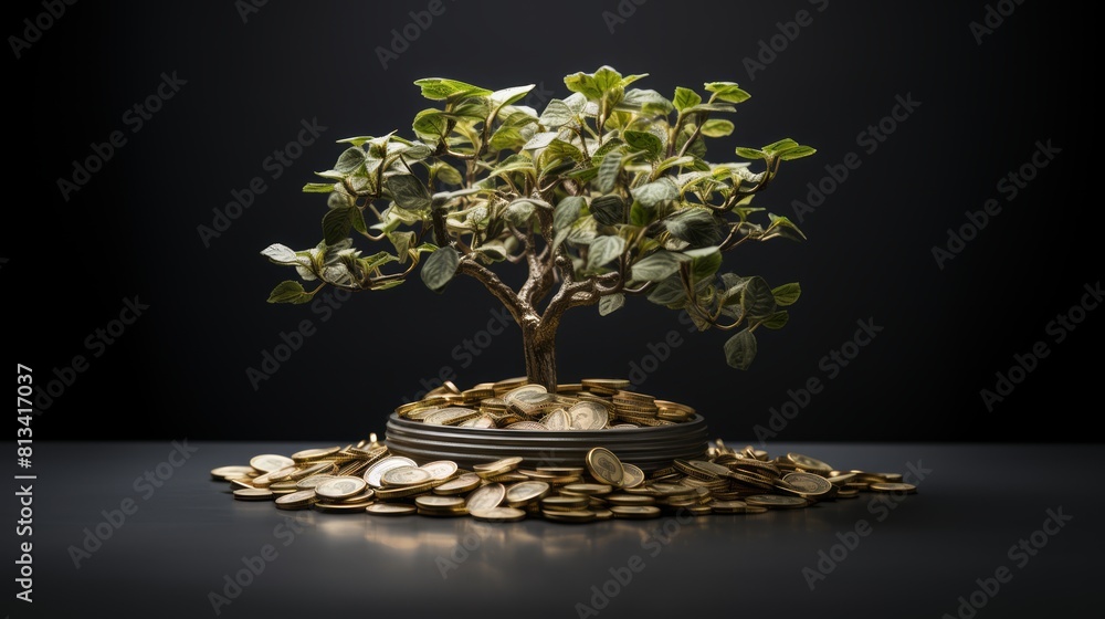 Aufkleber Generative AI Hyper-realistic scene presenting a tree on a white background symbolizing the potency of capital growth positioned next to a coin. Lifelike and detailed representation illustrating the i