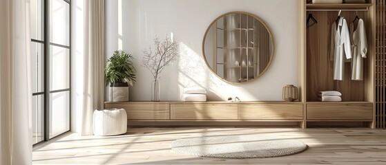 Minimal dressing room with an open wardrobe, a fulllength mirror, and minimal accessories for a clean look