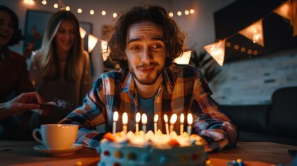 A man sitting in front of a birthday cake with lit candles, ready to blow them out, celebrating a virtual birthday greeting with warmth and joy. - Powered by Adobe