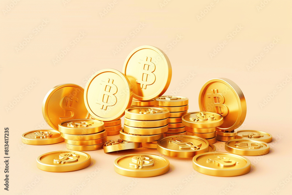 Poster 3d set of gold coins in different positions with a dollar sign illustration in a minimalistic cartoo