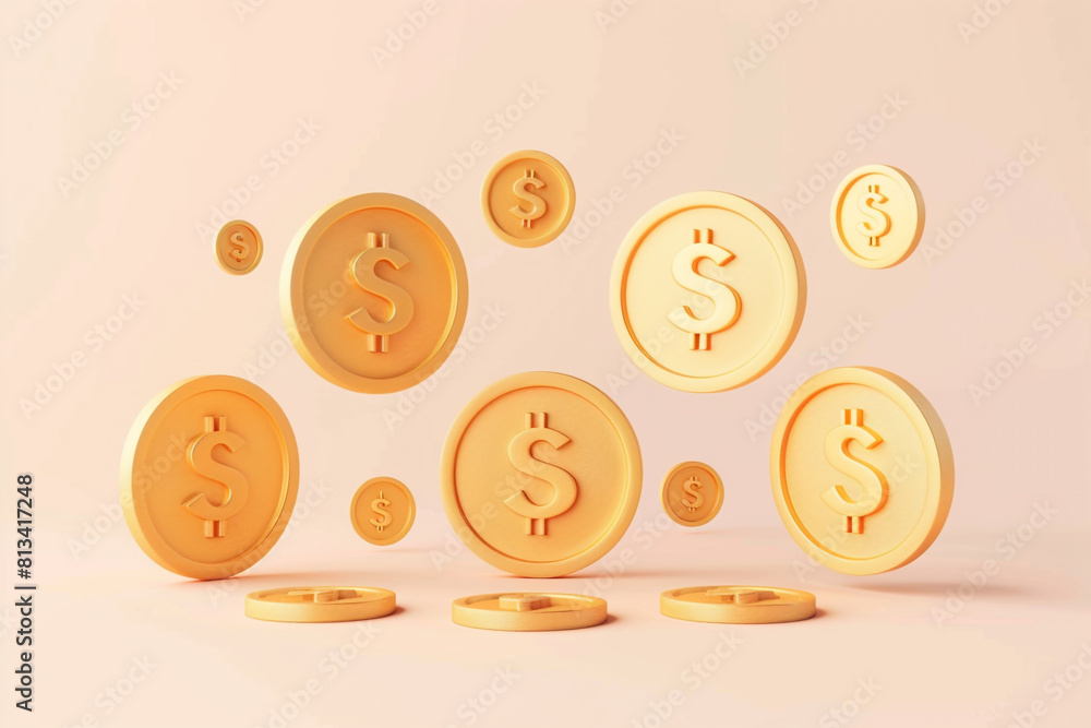 Poster 3d set of gold coins in different positions with a dollar sign illustration in a minimalistic cartoo