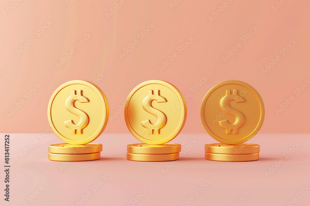 Poster 3d set of gold coins in different positions with a dollar sign illustration in a minimalistic cartoo