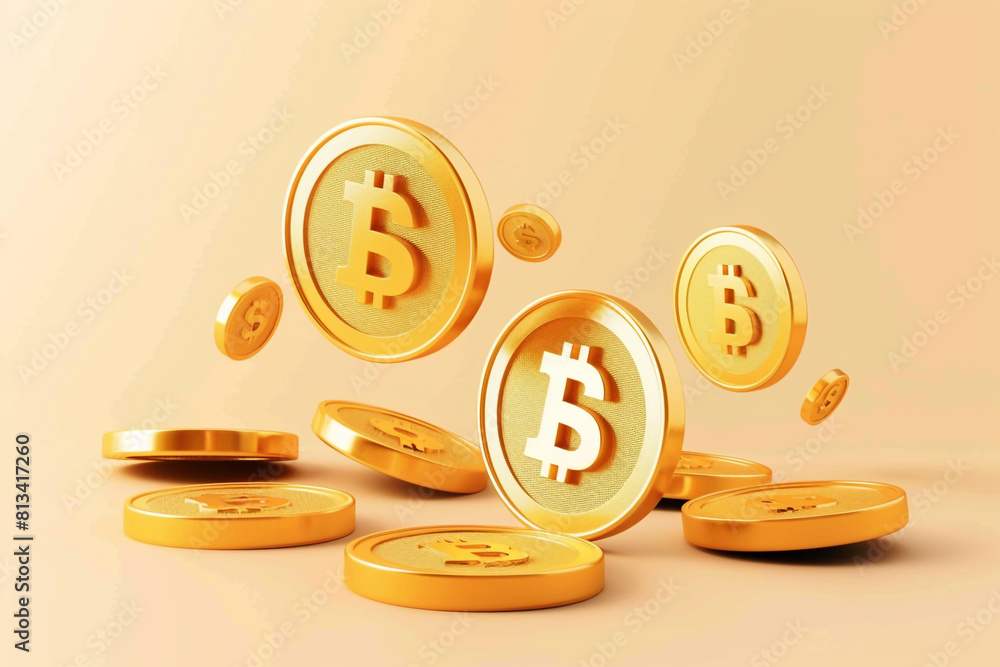 Poster 3d set of gold coins in different positions with a dollar sign illustration in a minimalistic cartoo