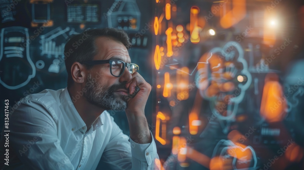 Poster A man wearing glasses is looking at a computer screen with a lot of numbers and symbols. He is deep in thought, possibly trying to solve a problem or understand some complex data