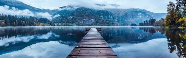 A wooden dock juts out into a crystal-clear lake, surrounded by towering mountains in the background. The setting is tranquil, with the dock creating a focal point against the stunning mountain backdr