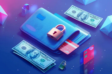 3d wallet icon with lock, credit card, dollar bill on blue background saving money, financial business protection concept3d render illustration
