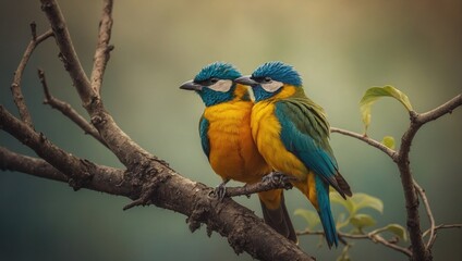 Obraz premium two vibrantly colored birds perched on a branch