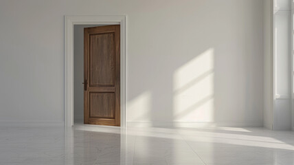 Empty room with wooden door on white wall, Minimalist home decor