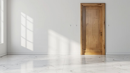 Empty room with wooden door on white wall, Minimalist home decor