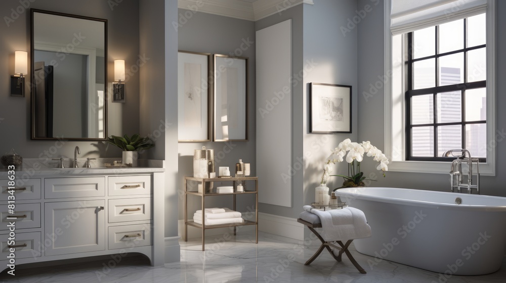 Poster generative ai a transitional-style bathroom with a blend of modern and traditional elements for a ti