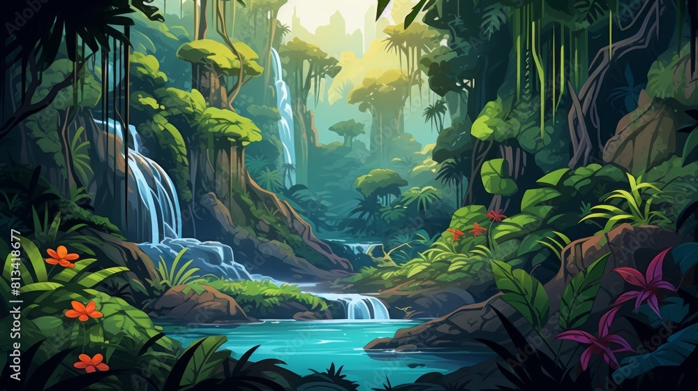 Poster generative ai a tropical rainforest with diverse vegetation and a waterfall.