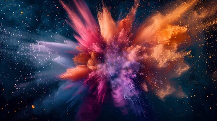 This image depicts a vibrant and colorful cosmic explosion, resembling a supernova or nebula, with various hues and particle effects