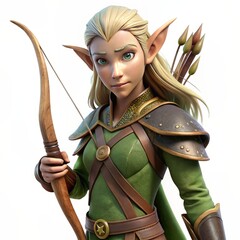 3D render of a mystical elf with pointed ears and a bow and arrow, on isolated white background, Generative AI