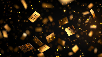 Card background. Backdrop for casino, golden cards flying on black backdrop