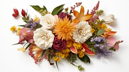 Obraz premium Generative AI A carefully arranged bouquet showcasing a mix of exotic and traditional flowers on a clean white surface