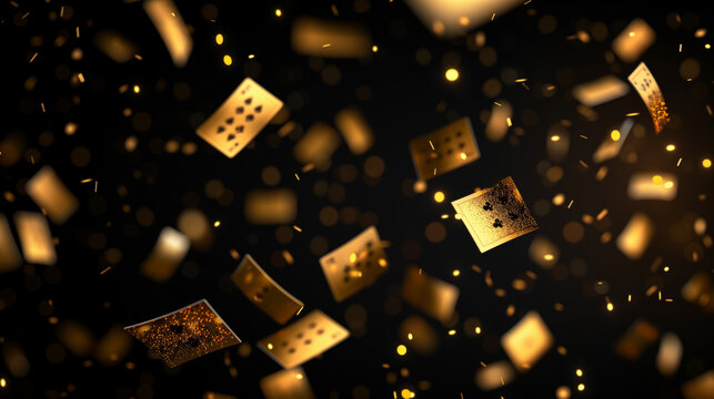 Card background. Backdrop for casino, golden cards flying on black backdrop