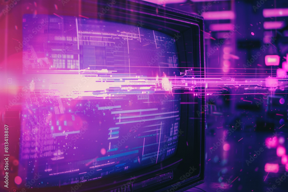 Poster 80s retro wave style background displayed on vintage computer screen vhs noise and glitch effects br
