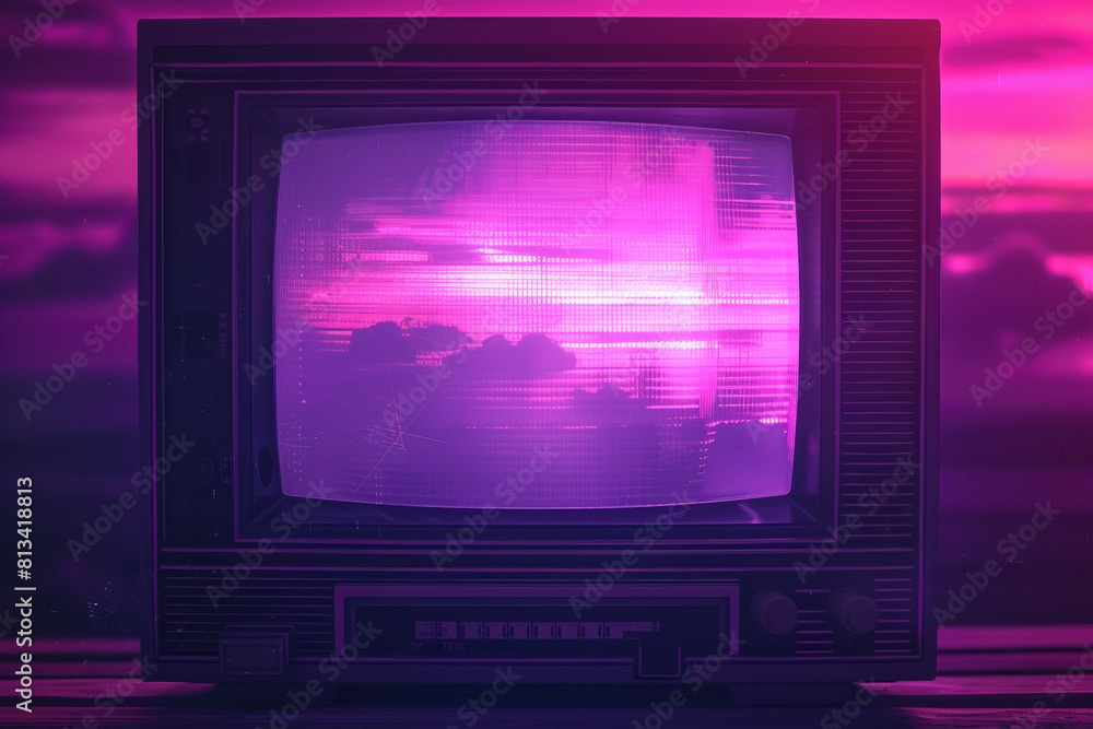 Poster 80s retro wave style background displayed on vintage computer screen vhs noise and glitch effects br
