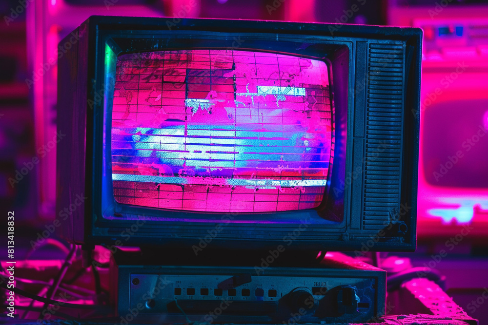 Poster 80s retro wave style background displayed on vintage computer screen vhs noise and glitch effects br
