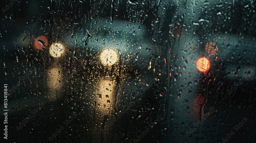 Poster a view of a wet, rain-soaked street seen through a window. raindrops cascade down the glass, distort