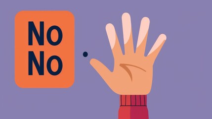 Fototapeta premium A minimalistic flat graphic depicting a hand reaching towards a button with the word no on it. The hand is poised to press the button, indicating a decision or action to reject something.