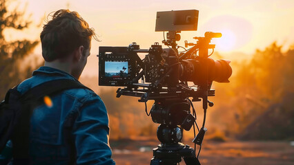 Fototapeta premium Cinematic Craft: Outdoor Filmmaking Scene with Camera, Outdoor Shooting with Professional Camera