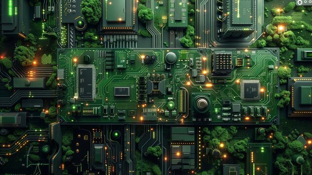 green, conceptual, green tech innovation, top view, ecotech, robotic tone, Splitcomplementary color scheme
