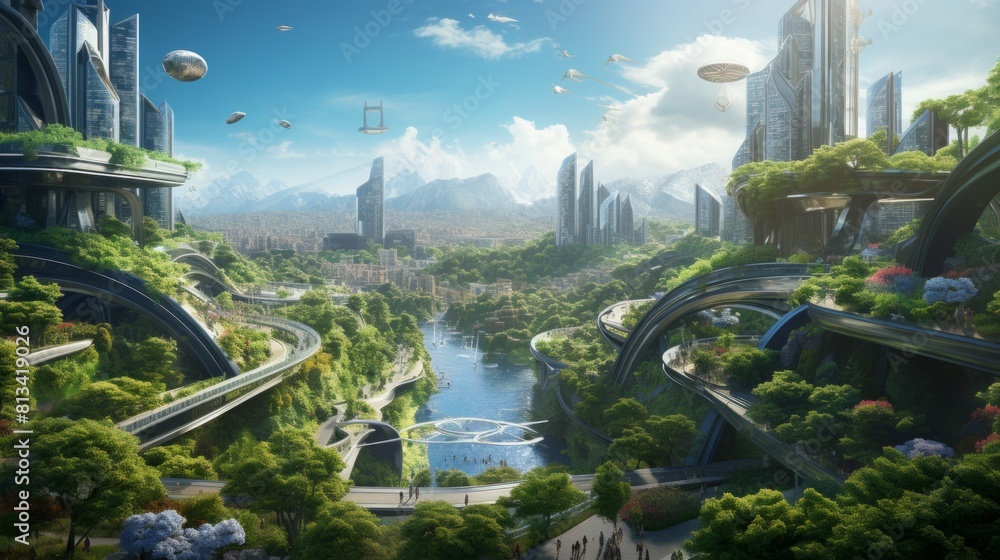 Poster generative ai a visionary city skyline adorned with magnificent, spiraling towers and interconnected