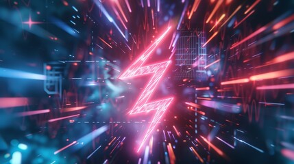 Fototapeta premium A 3D lightning bolt icon fragmented into glowing neon segments, symbolizing rapid transfer of energy and data