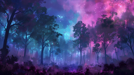 Enchanted Nighttime Forest Under the Gleaming Moonlight: A Mystic Digital Art Experience