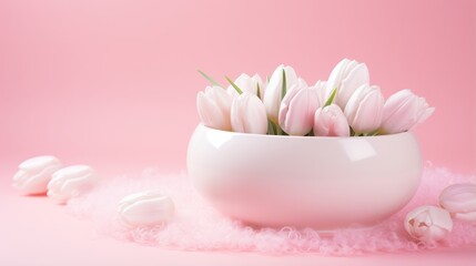 A white vase filled with pink flowers sits on a pink background