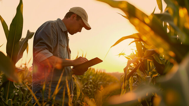 male farmer hand using tablet in corn field with to keep digital tax record