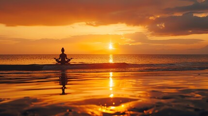 Fototapeta premium Young woman practicing yoga on the beach at sunset. She is sitting in a lotus pose and has her eyes closed.